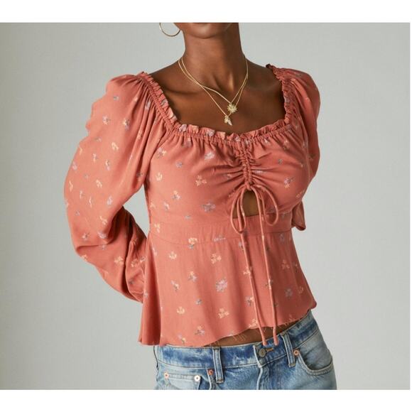 Lucky Brand Women's Ruffle Square Neck Cropped Floral Top L Large New - Picture 2 of 12